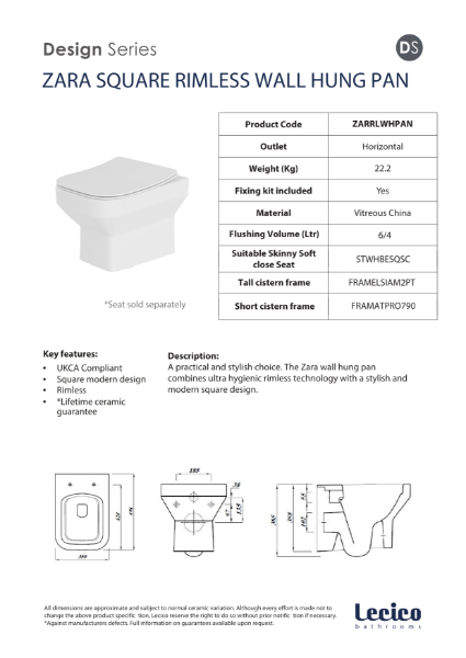 Zara Wall Hung Rimless WC Pan