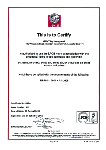 Honeywell Gent S4-34845, S4-34805-EP, S4-34895 EN54-11 Certificate of Approval