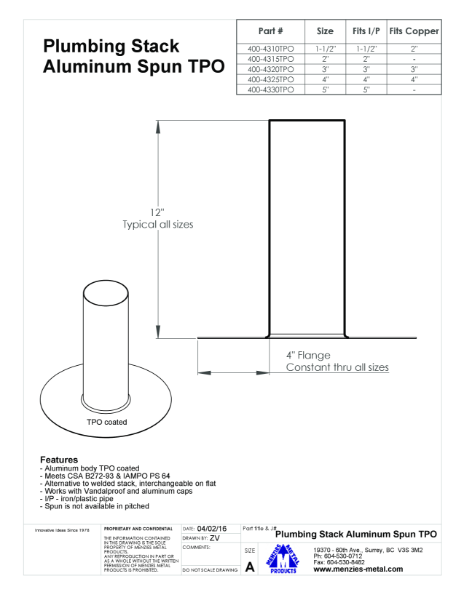 TECHNICAL DRAWING - PLUMBING STACK SPUN ALUMINUM - TPO