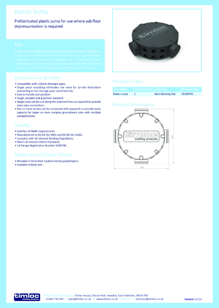 Radon Sump Datasheet