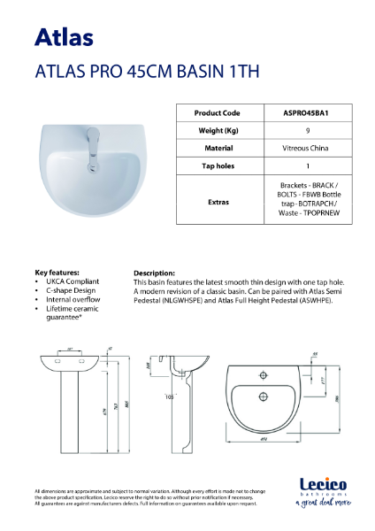 ASPRO45BA1 - Atlas 45cm Basin 1TH