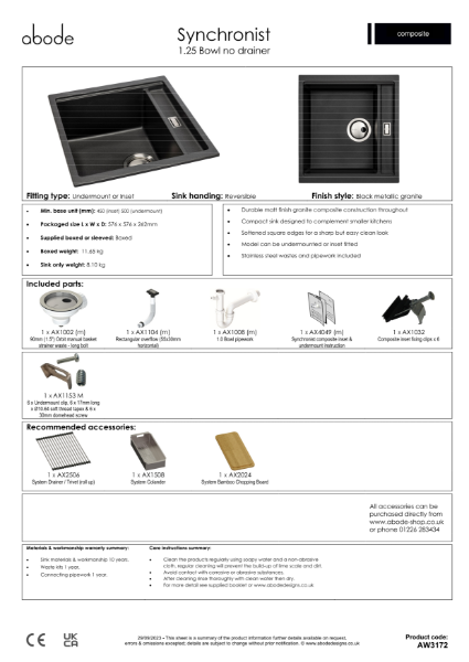 Synchronist Sink Compact. 1.25 Bowl, No Drainer. Matt Black. Specification Sheet.