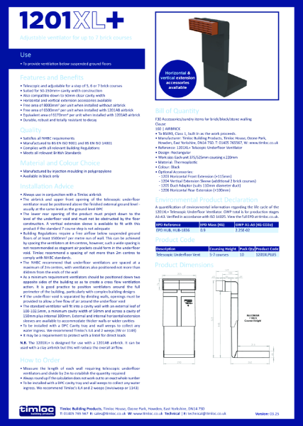 1201XL+ Telescopic Underfloor Ventilator Datasheet