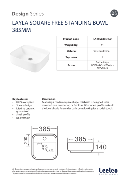 Layla Square Free Standing Bowl 385mm