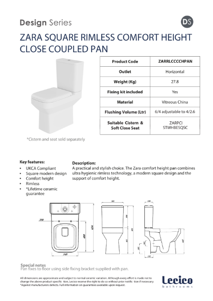 Zara Comfort Height Rimless WC Pan