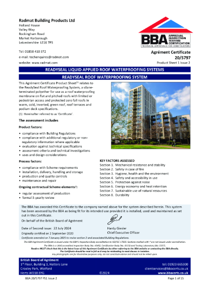 BBA-20-5797-PS1-Issue2-ReadySeal Roof Waterproofing System