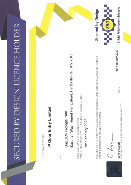 SBD Member Cert Y1 -  IP Door Entry Ltd