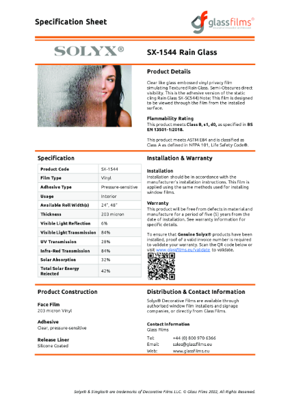 SX-1544 Rain Glass Specification Sheet