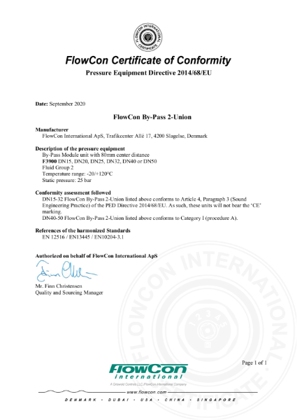 FlowCon 2 Union Flushing Bypass 80mm Centres PED Certificate