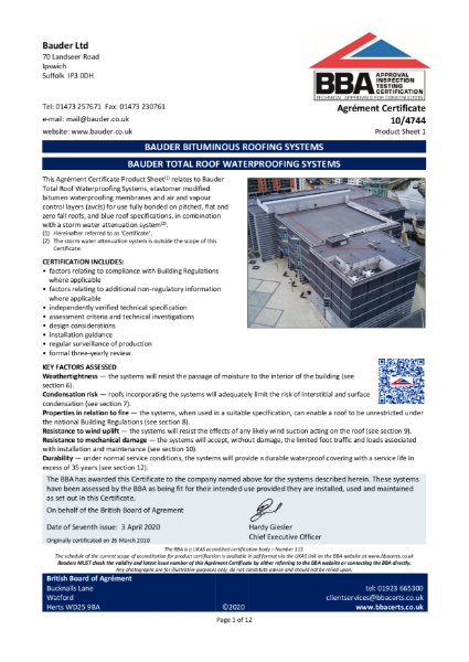 Certificate: Bauder Total Roof Systems PLUS 10/4744