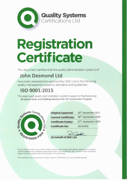 John Desmond Ltd - ISO 9001 Certificate -  2023-2024