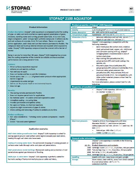 Stopaq 2100 Aquastop Pipe Sealant - Data Sheet