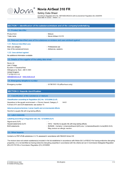 Novia AirSeal 310 FR Safety Datasheet