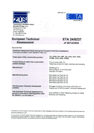 European Technical Assessment - Fastening Screws for Metal Members and Sheeting