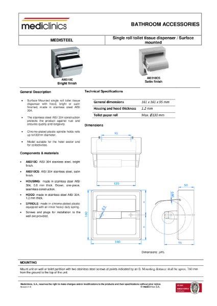 Toilet Tissue Paper Roll Dispenser Spec Sheet - Mediclinics Stainless Steel Toilet Roll Holder AI0310C_CS