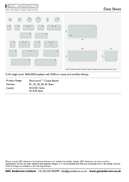 GEC Anderson Data Sheet - G104 (350) Single Bowl