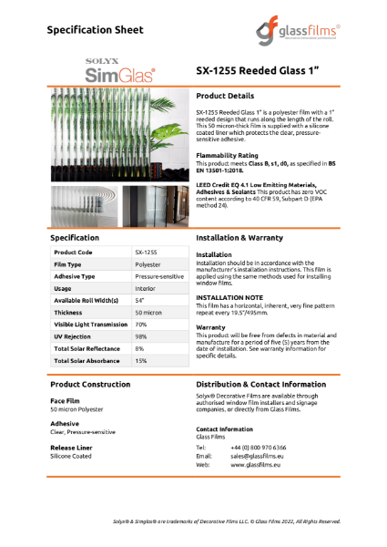 SX-1255 1" Reeded Glass Specification Sheet