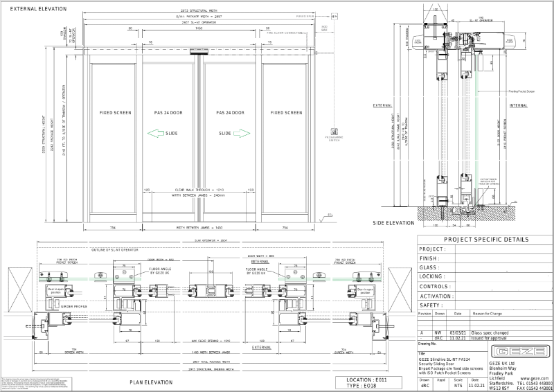 GEZE Slimdrive SL NT PAS24 bi-part sliding doors with patch pockets