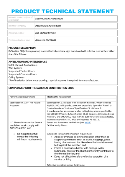 Primax DesilvaLine ISO2 Product Technical Statement