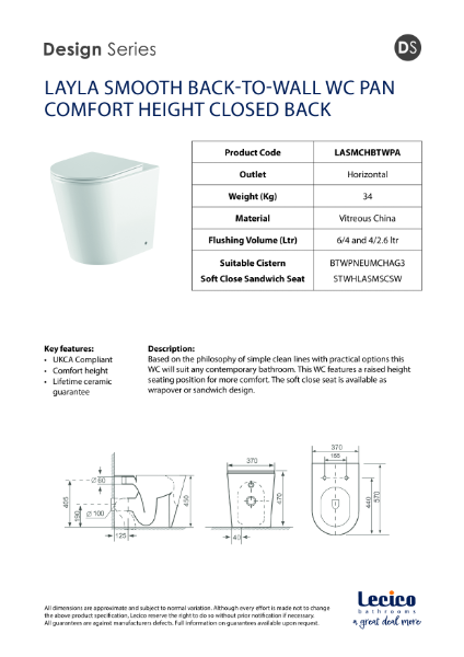 LAYLA SMOOTH BACK-TO-WALL WC PAN COMFORT HEIGHT CLOSED BACK