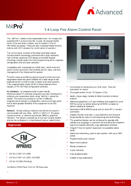 Datasheet - MxPro 5 Fire Alarm Control Panel 1-4 Loops