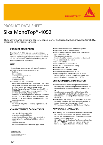Product Data Sheet - Sika MonoTop®-4052