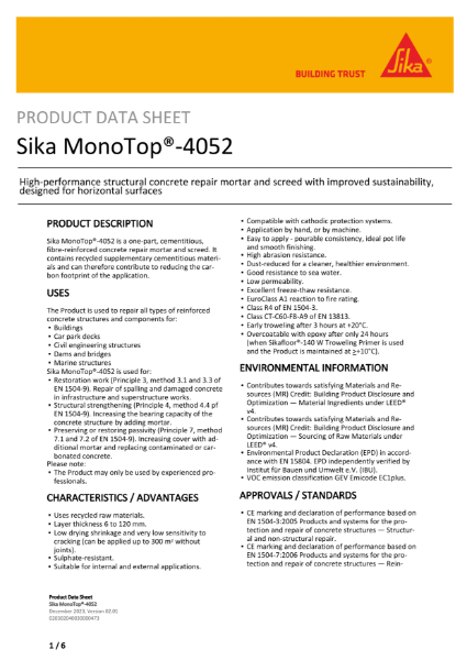 Sika MonoTop®-4052 - Product Data Sheet