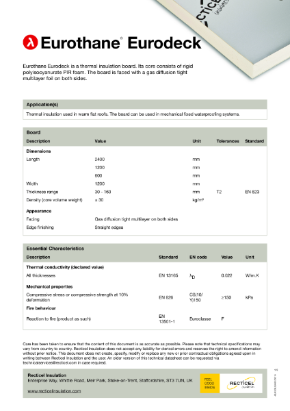 Eurothane Eurodeck flat roof insulation technical datasheet