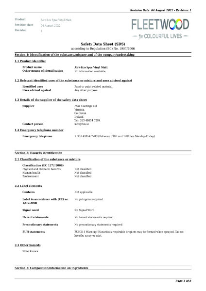 Air+Eco Spec Vinyl Matt Safety Data Sheet (SDS)