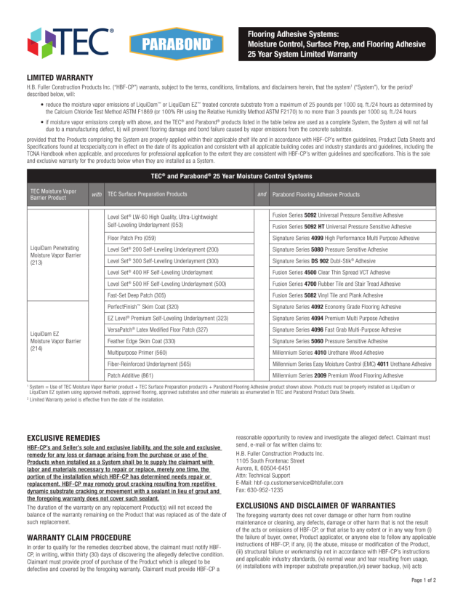 Flooring Adhesive Systems: Moisture Control And Surface Preparation, and 25 Year System Limited Warranty