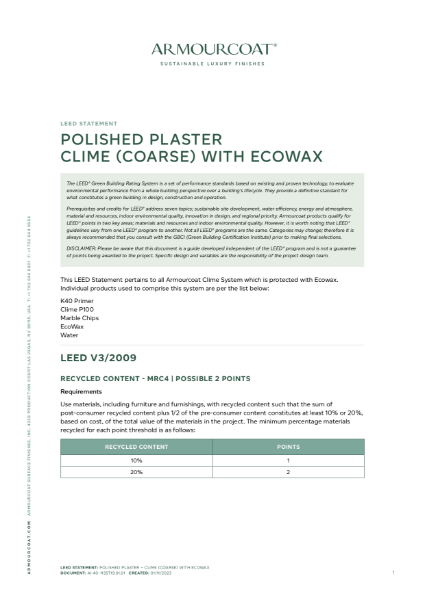 Armourcoat Clay Lime Plaster Clime Coarse - LEED Statement