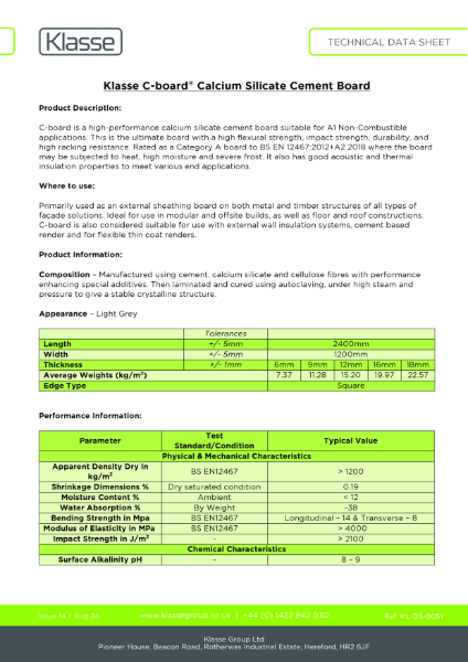 Klasse C-board Calcium Silicate Cement Board TDS