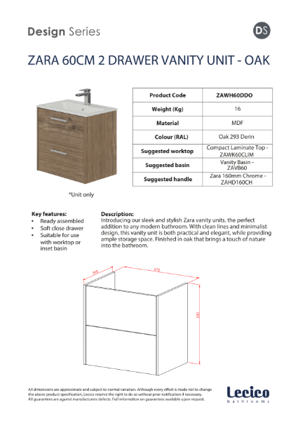 Zara 60 cm 2 Drawer Wall Hung Vanity Unit - Oak