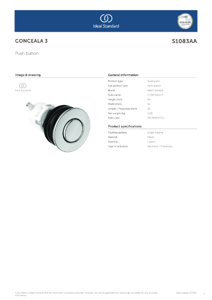 Conceala 3 Single Flush Finger Push Button - Data Sheet