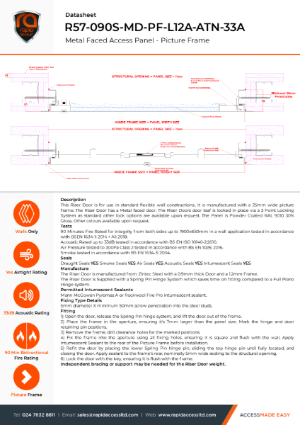 Datasheet - Riser Door Two Hour Fire Rated, Smoke, Airtight, Acoustic - R57-090S-MD-PF-L12A-ATN-33A