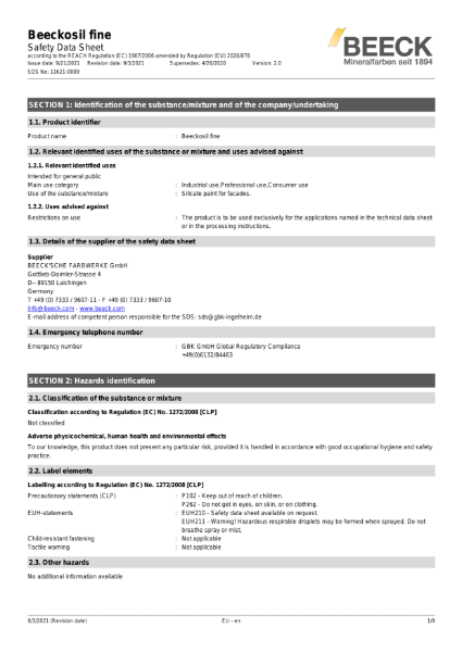 Beeck Beeckosil Fine - Safety Data Sheet