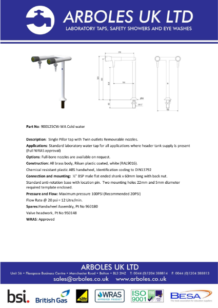 Arboles UK Bench Mounted Two Way Pillar Bib Tap With Removable Nozzles