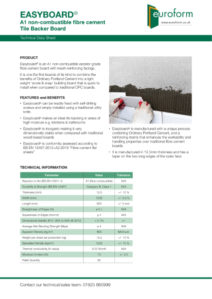 EASYBOARD® A1 non-combustible fibre cement board Tile Backer Board - Datasheet