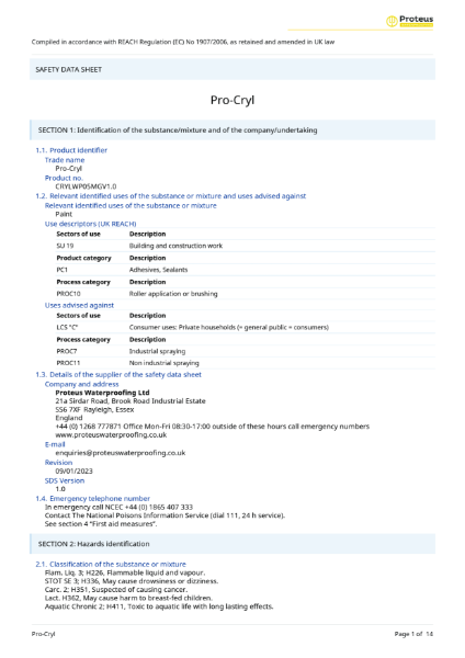 Material Safety Data Sheet - Proteus Pro-Cryl