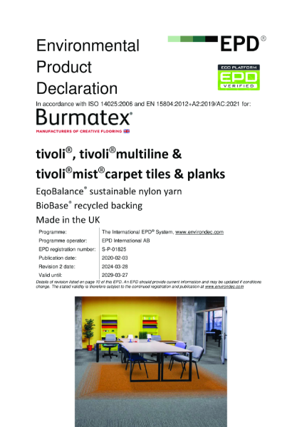 EPD certificate for tivoli®, tivoli® multiline & tivoli mist® carpet tiles & planks