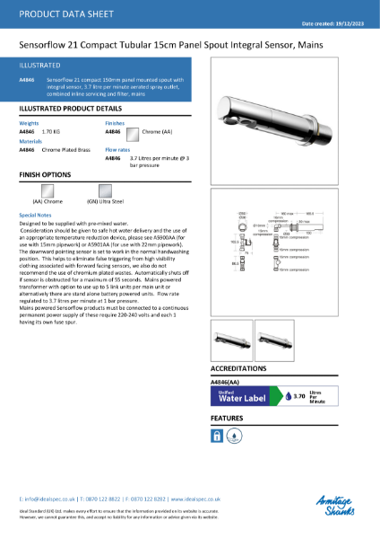 Sensorflow 21 compact 150 mm wall mounted mains powered spout A4846AA