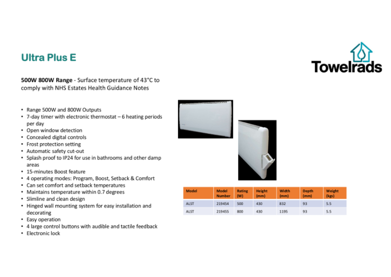 Towelrads Ultra Plus E Low Surface Temperature Electric Radiator