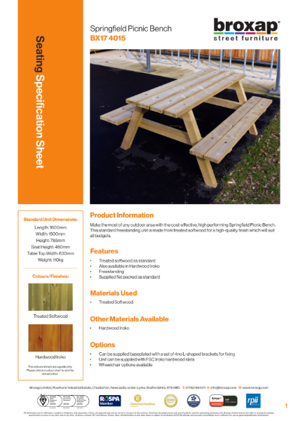 Springfield Picnic Bench Specification Sheet