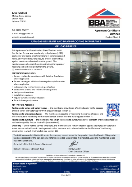 BBA Certificate 
JUTA GPL Gas Barrier 
20/5728 - Product Sheet 4