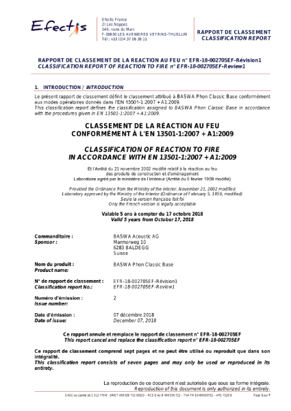 Classification of reaction to fire - BASWA Phon Classic Base 