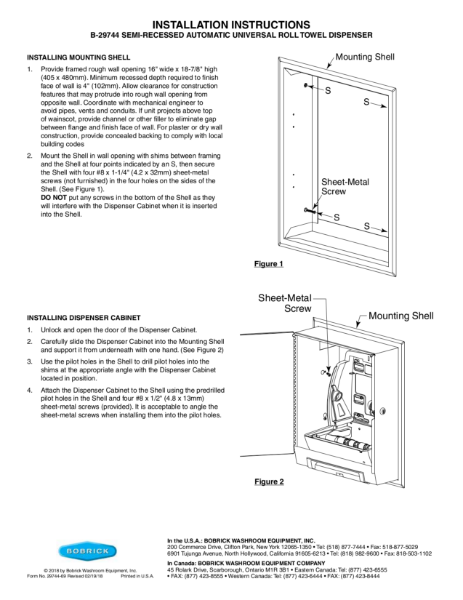 Installation Instructions - B-29744 semi-recessed automatic universal roll towel dispenser