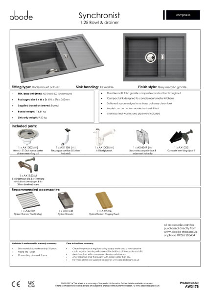 Synchronist Sink Compact. 1.25 Bowl with Drainer. Metallic Grey. Specification Sheet.