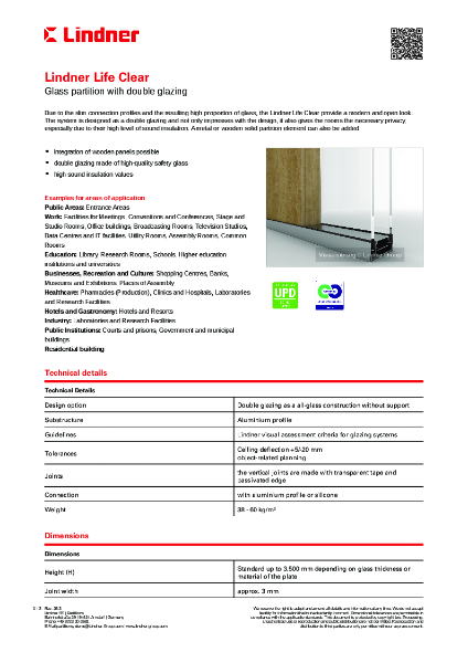 Lindner Life Clear - Data sheet