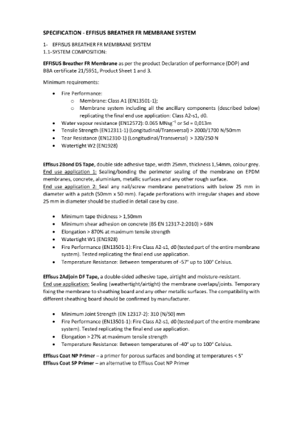Specifications Effisus Breather FR Membrane System
