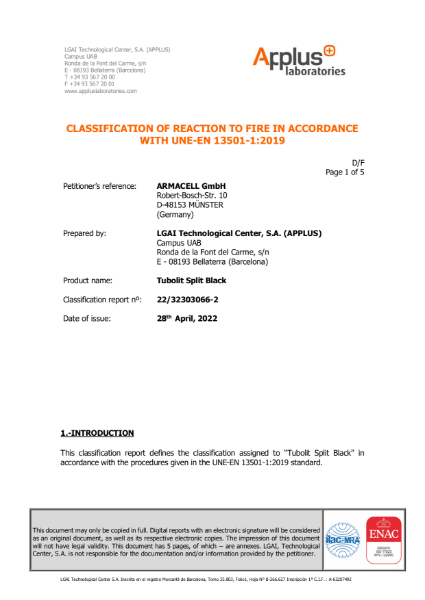 Pre-insulated copper pipes Fire Safety Certificate